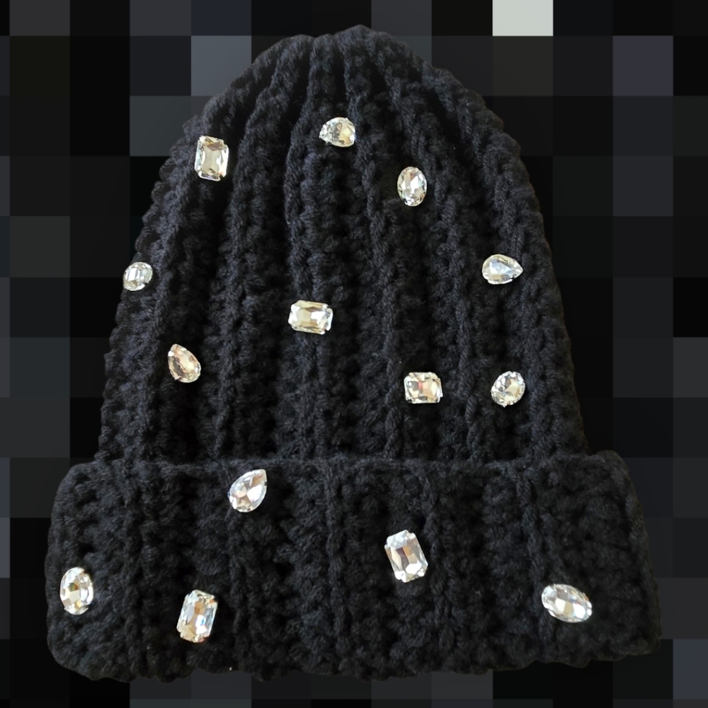 Chunky Black beanie/rhinestones, Handmade By Me, Hand Embroidery, Ask About Cus